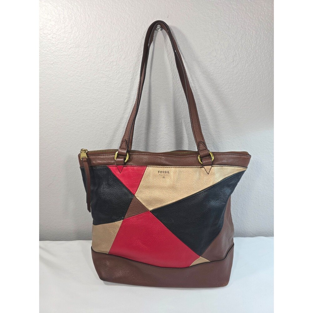 Fossil Leather Red Multi Color Shoulder Bag Handbag Purse Patchwork Vintage EUC